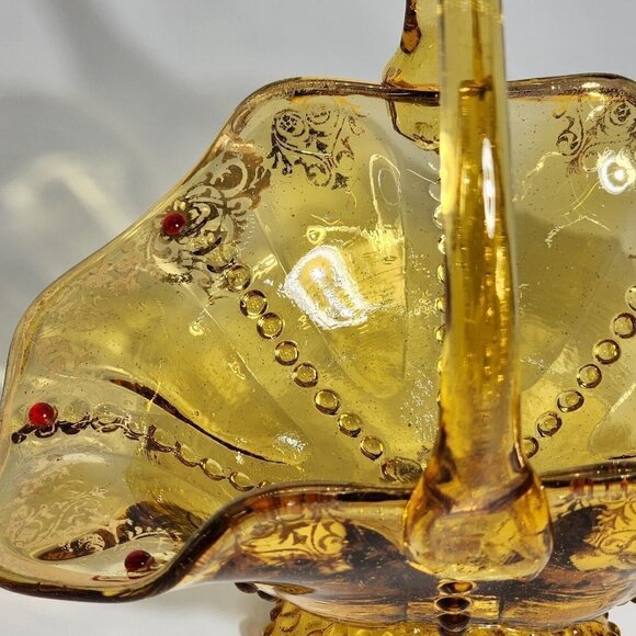 Depression Yellow Glass Circle Dot Design Red Jewels Gold Gilting Mid Century - Picture 6 of 12